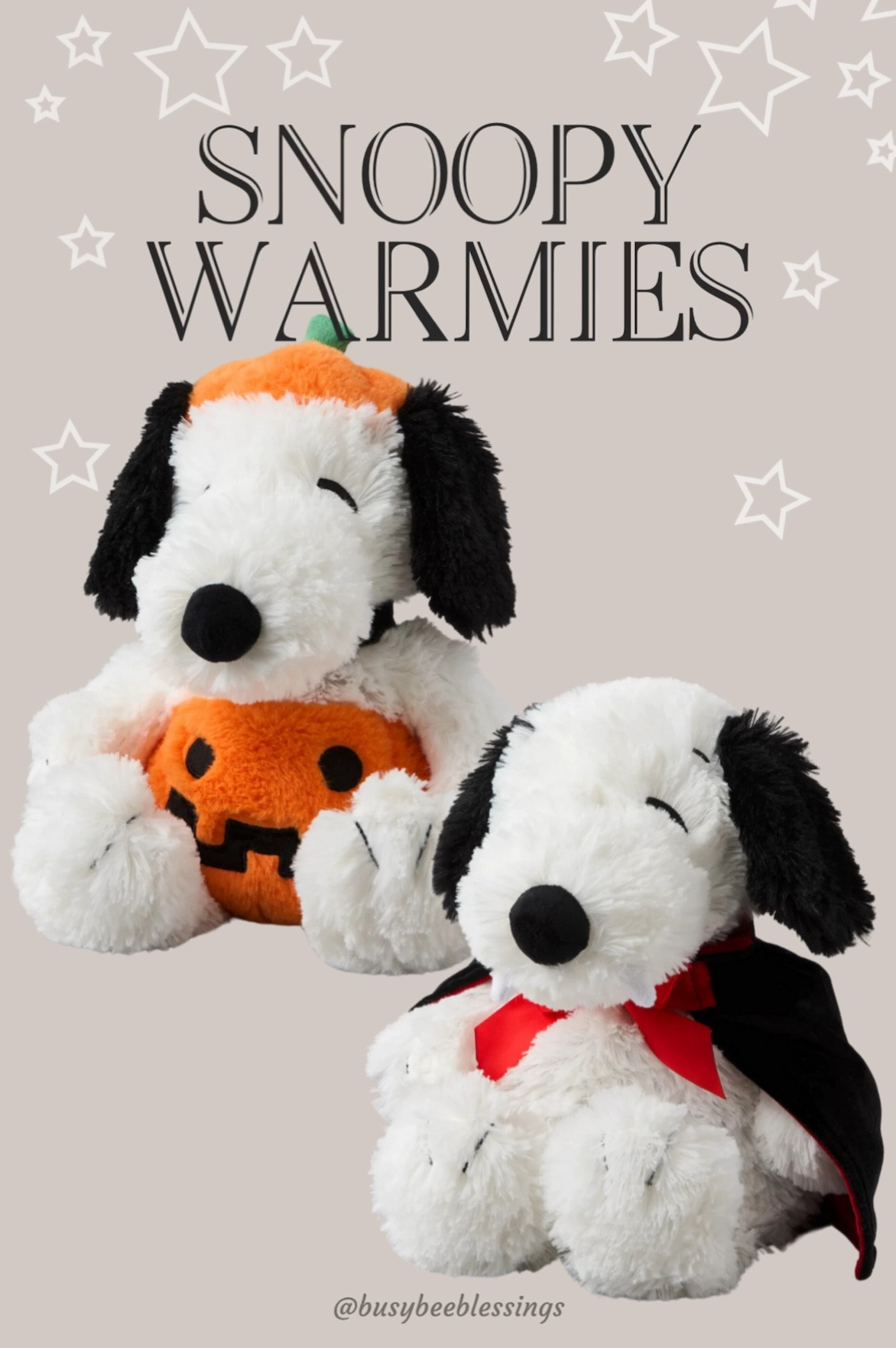 These Jack-O-Lantern Snoopy and Dracula Snoopy Warmies are perfect for comfort or to soothe aches and pain on a chilly autumn day. These are fun and charming characters to cheer kids up when they’re not feeling well and they’re fully microwavable for heated comfort. These Halloween Snoopy Warmies are made from luxurious soft plush and lavender scented.

#LTKFamily #LTKKids #LTKSeasonal