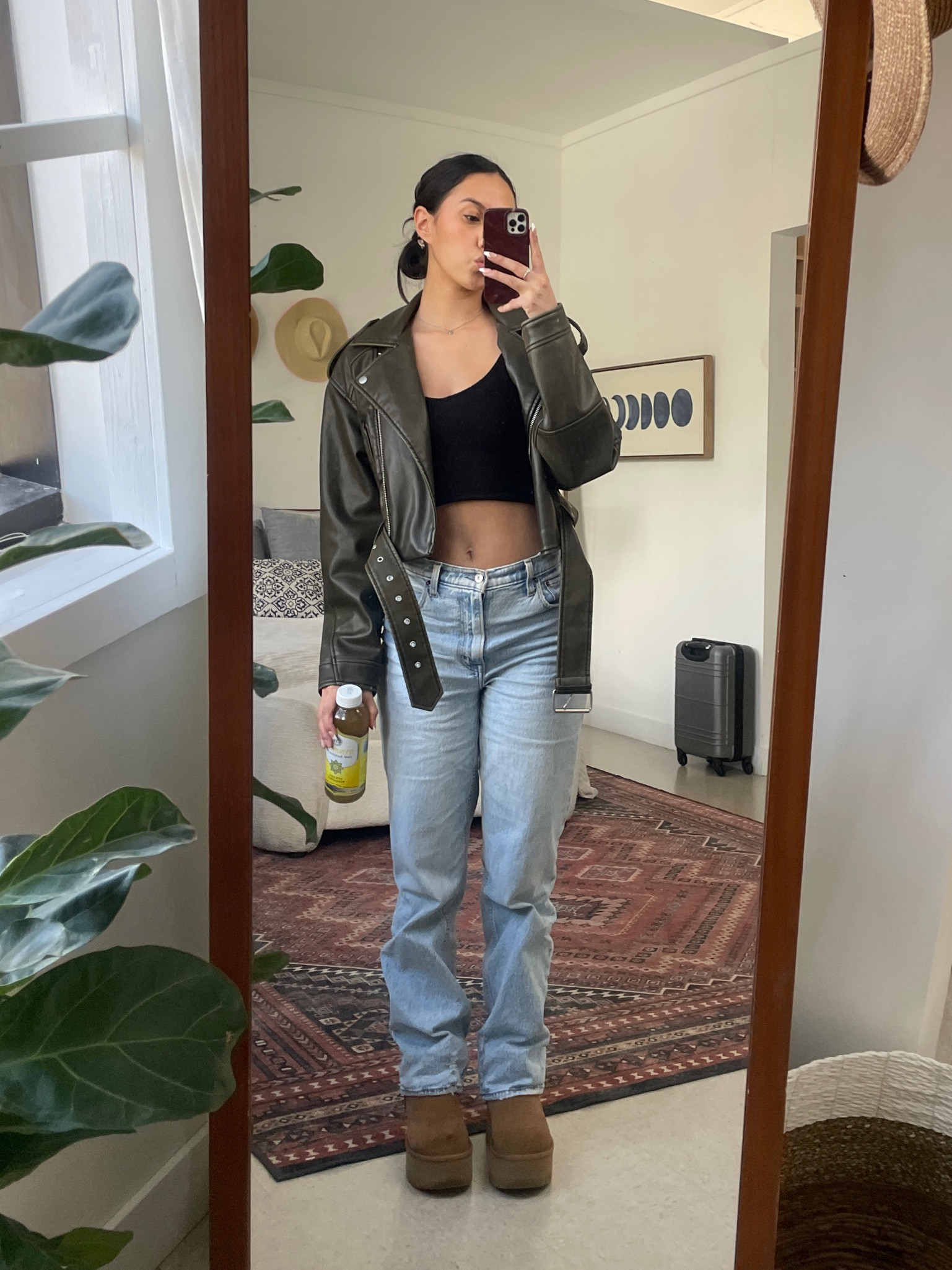 Transitioning into Fall outfit inspo! I love this leather jacket from Amazon. It has a nice green tint that adds a pop of color to the outfit. 

It’s not too heavy which makes it the perfect layering piece for transition outfits. 

#LTKSeasonal #LTKStyleTip #LTKWorkwear