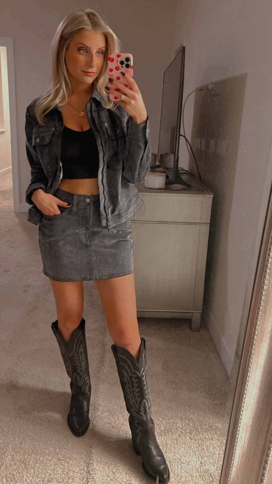 This set is a unique/fun velvety  material. Skirt is stretchy and comfortable. Can be dressed up or down. I paired with western boots but it also looks super cute with a hat and tennis shoes for a more casual look. 

Jacket - small
Skirt - 4 

#LTKStyleTip #LTKSeasonal #LTKFindsUnder50