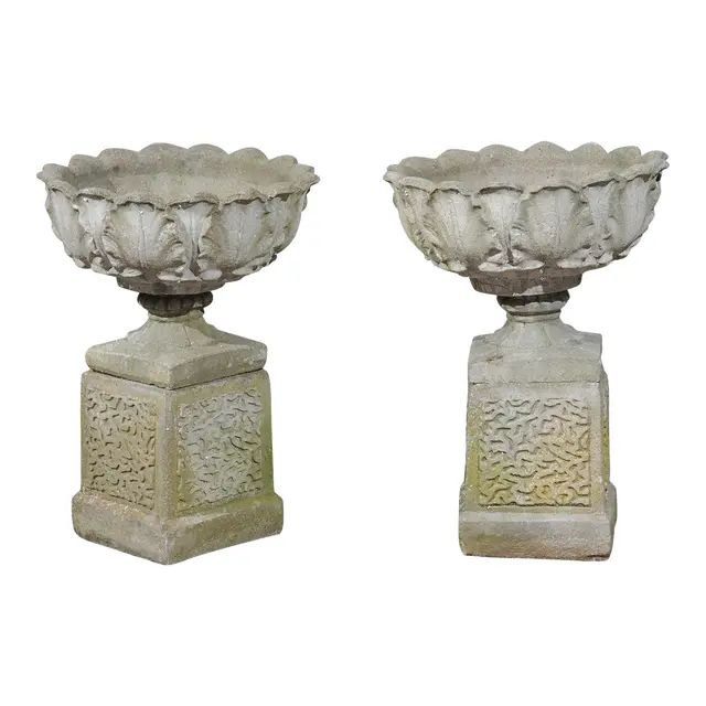 English 20th Century Stone Urns on Pedestals with Acanthus Leaf Motifs - A Pair | Chairish