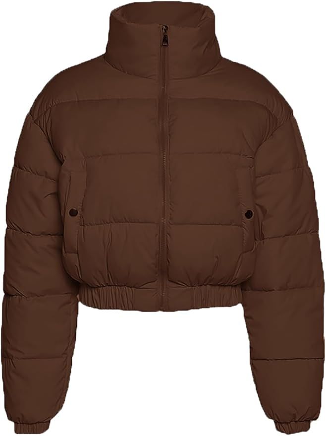 Fenclushy Women's Winter Cropped Puffer Jacket Long Sleeve Button Bown Short Coat | Amazon (US)
