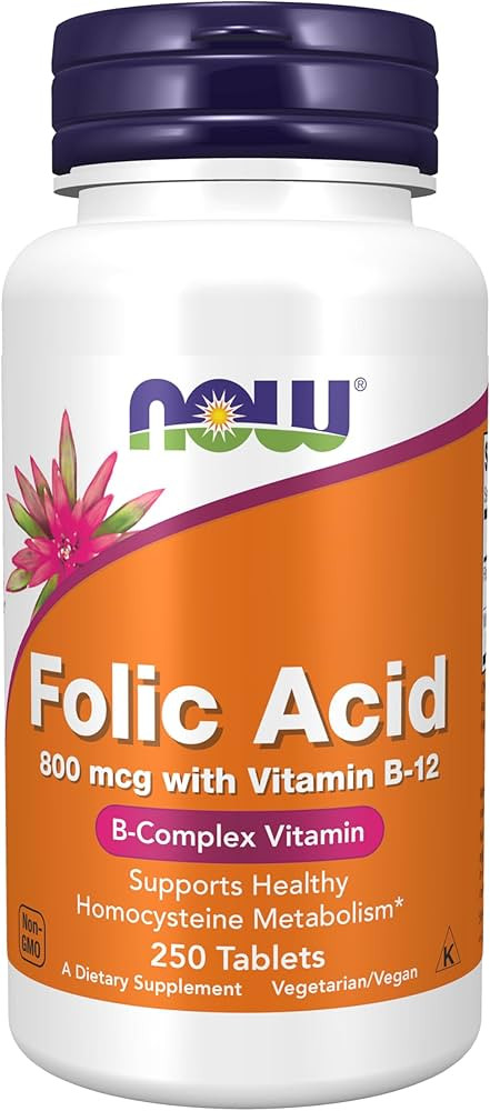 NOW Foods Supplements, Folic Acid 800 mcg + B-12 (Cyanocobalamin) 25 mcg, B Complex Vitamin, 250 ... | Amazon (US)