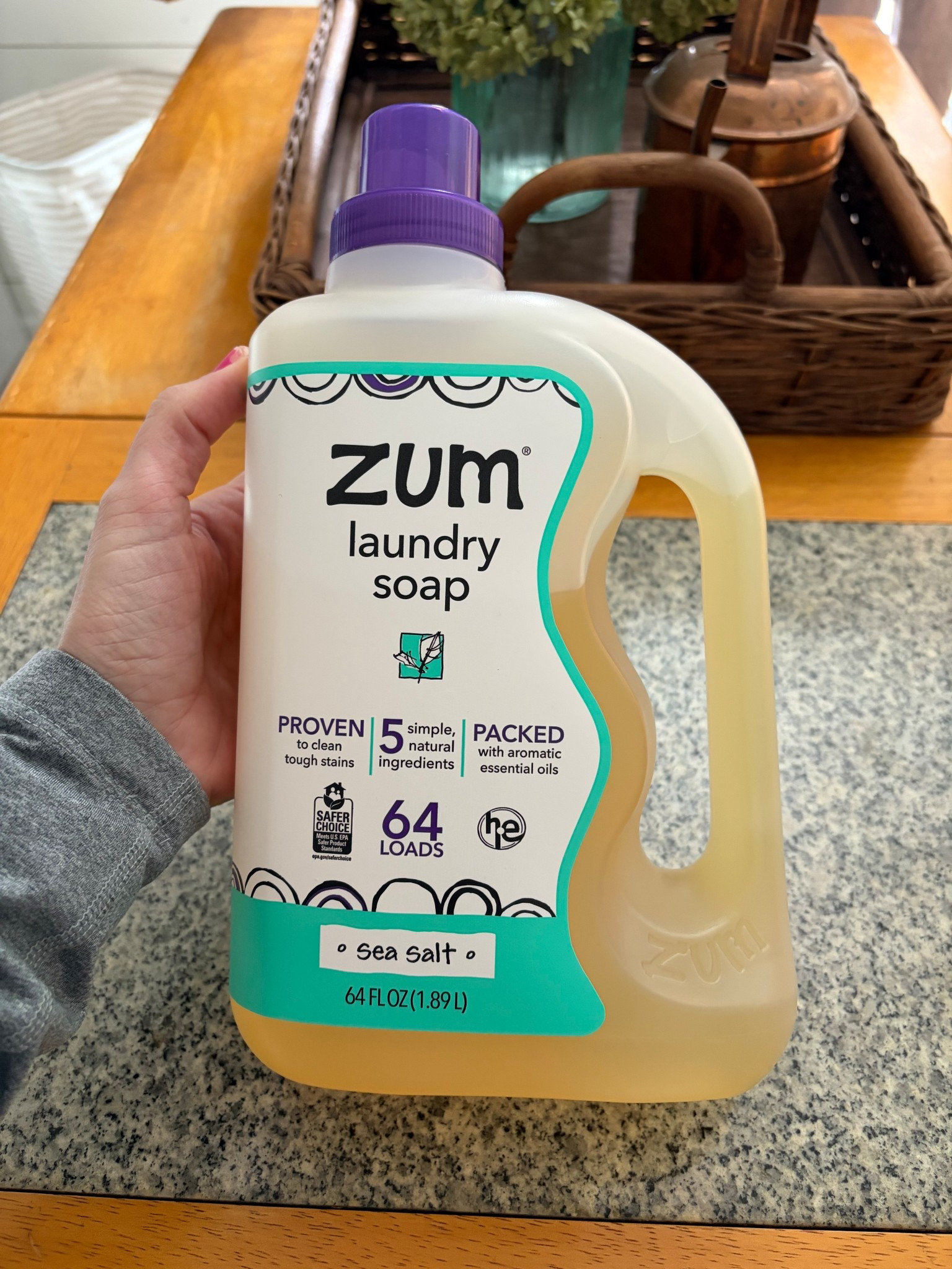 My favorite new laundry detergent! Only need 1/2 cap for small loads or 1 cap for larger loads. The sea salt scent is 10/10. 