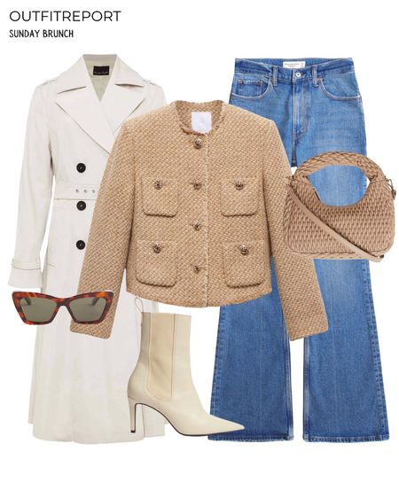 Blue denim jeans brown cardigan white trench coat jacket sunglasses and handbag paired with white ankle booties 

#LTKitbag #LTKshoecrush #LTKstyletip
