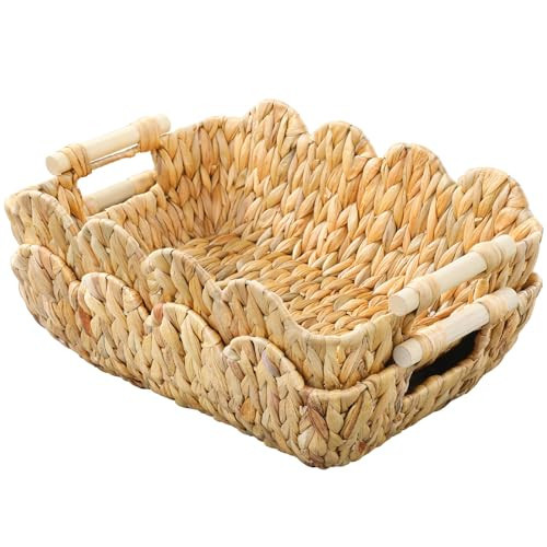 Coeusy Small Wicker Basket 2 Pack,Scalloped Basket for Organizing and Decor,Natural Water Hyacinth Storage Baskets with Wooden Handles for Gifts,Snack,Shelves | Amazon (US)