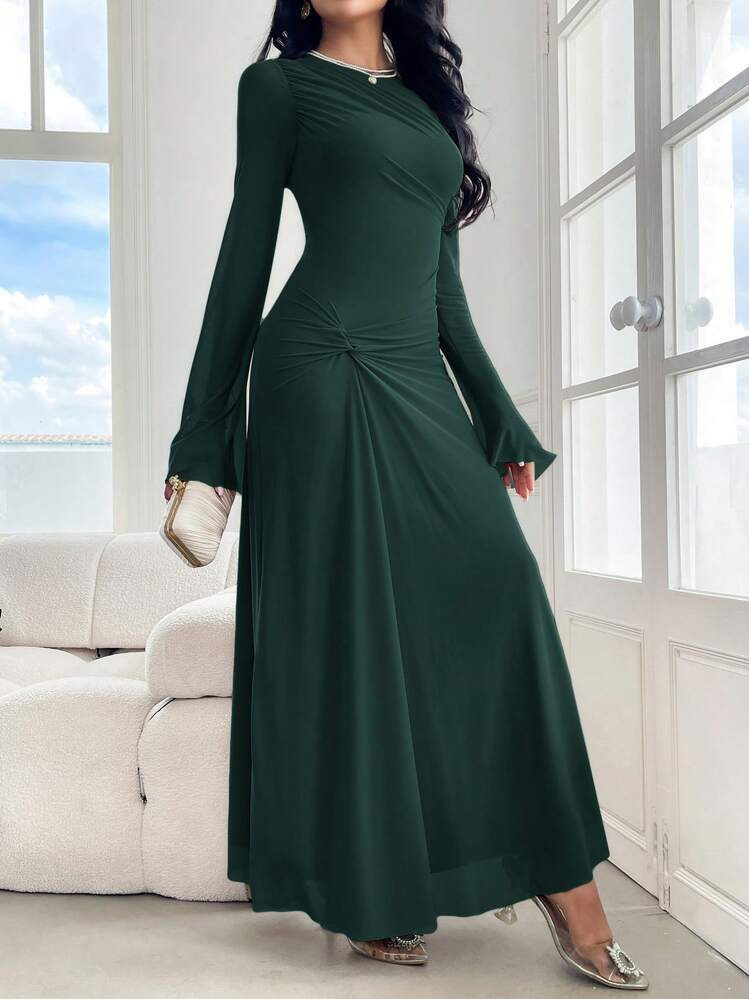 Modelyn Women Solid Color Crew Neck Long Sleeve Twist Detail Casual Long Dress Long Evening Dresses | SHEIN
