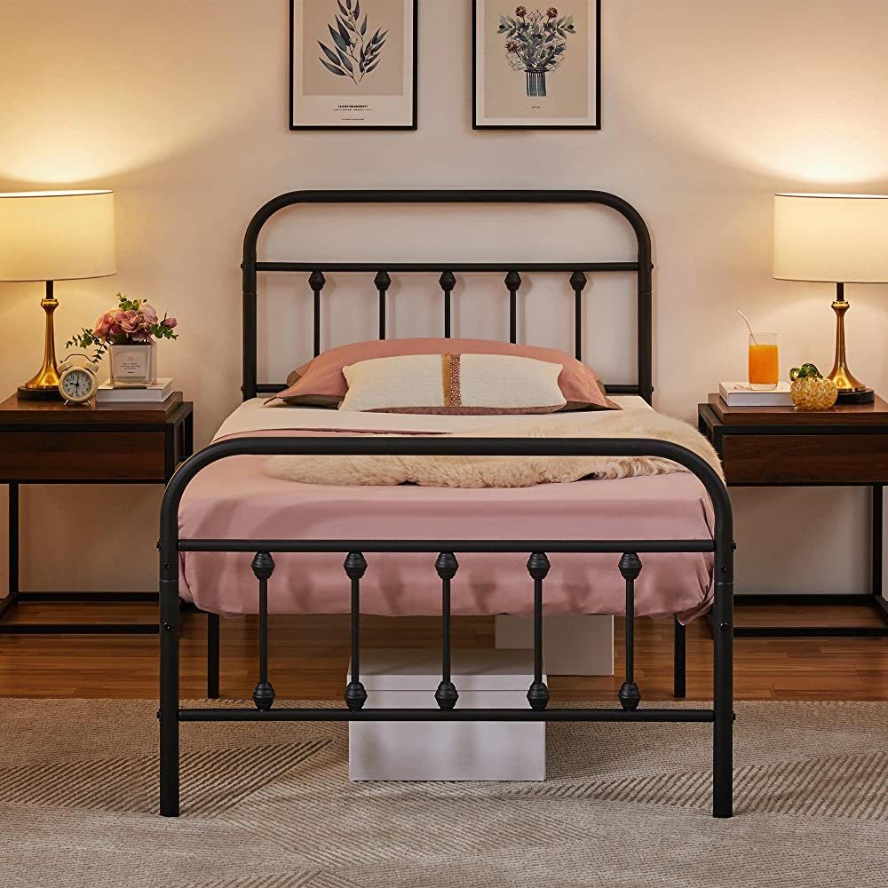 Topeakmart Twin Size Victorian Style Metal Bed Frame with Headboard/Mattress Foundation/No Box Sp... | Amazon (US)