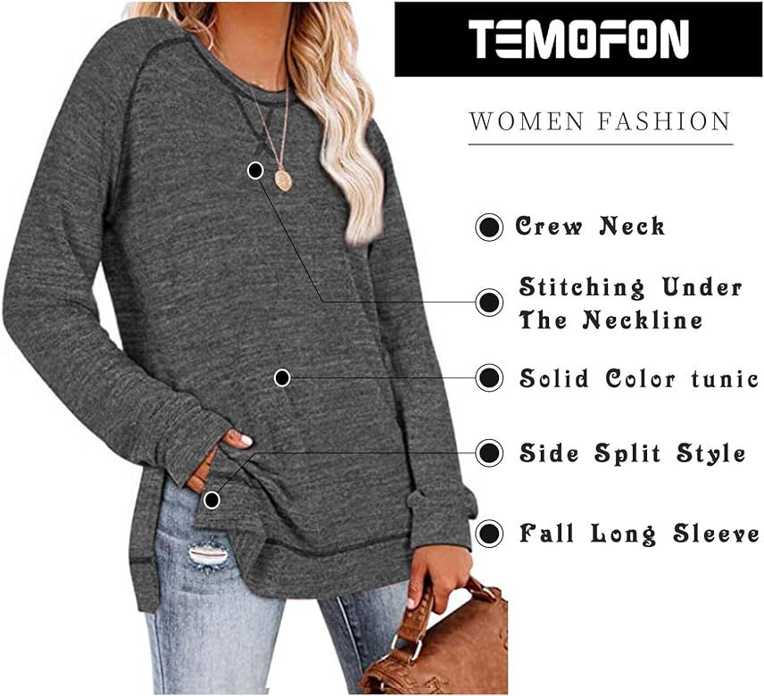 Women Tops Long Sleeve Shirts Casual Loose Side Split Tunic Top S-2XL | Amazon (US)