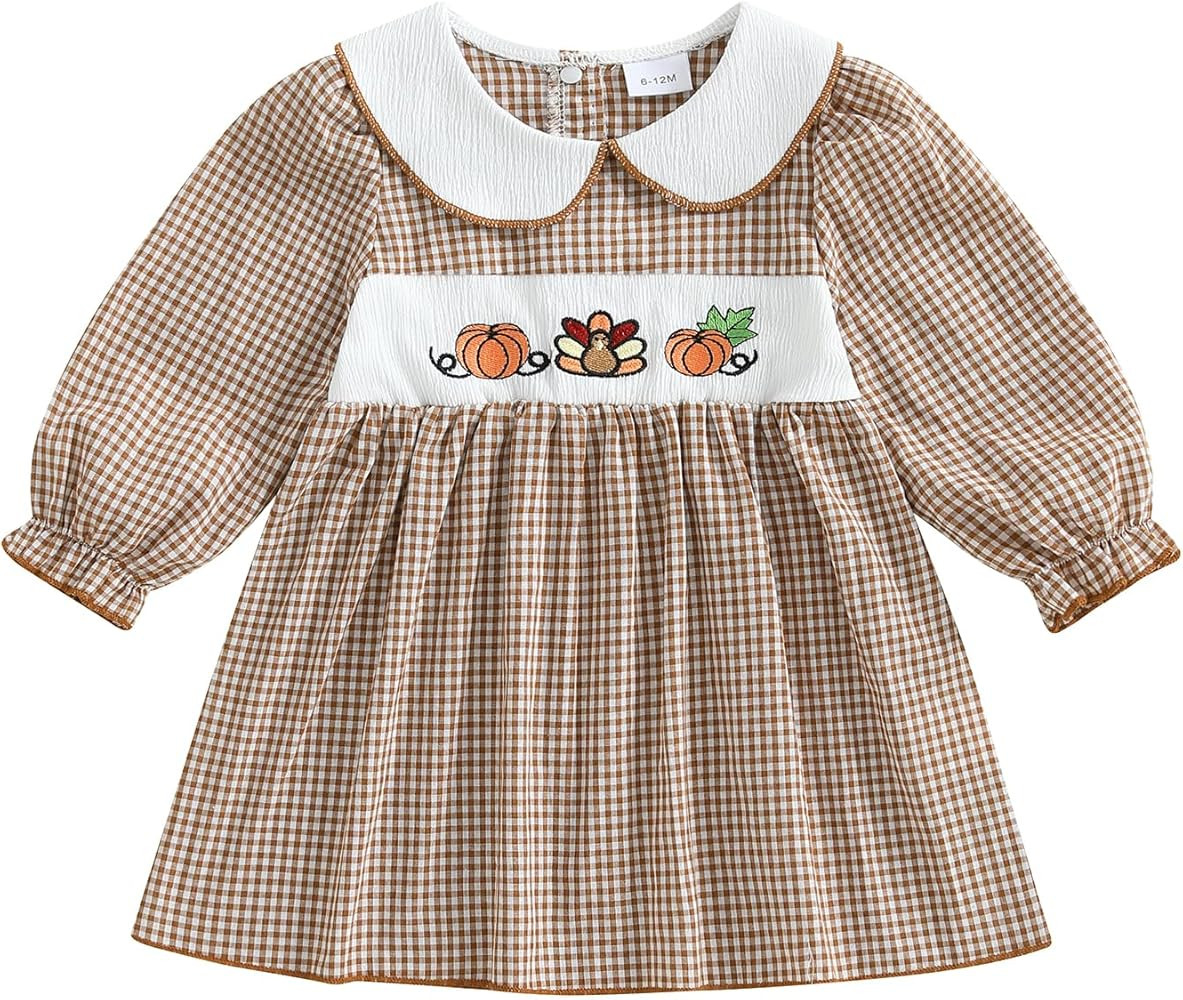 Kids Toddler Baby Girl Thanksgiving Outfit Turkey Embroidery Doll Collar Long Sleeve Smocked Dres... | Amazon (US)