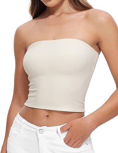 CRZ YOGA Butterluxe Double Lined Tube Tops for Women Basic Bandeau Cropped Tops Strapless Casual Going Out Crop Top White Apricot XX-Small | Amazon (US)