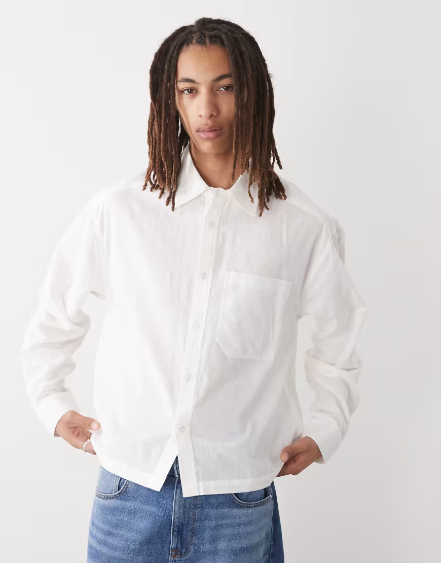 COLLUSION boxy linen look long sleeve shirt in white | ASOS (Global)