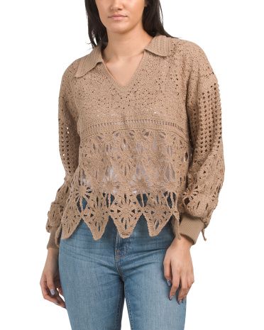 Collared Crochet Long Sleeve Top | TJ Maxx