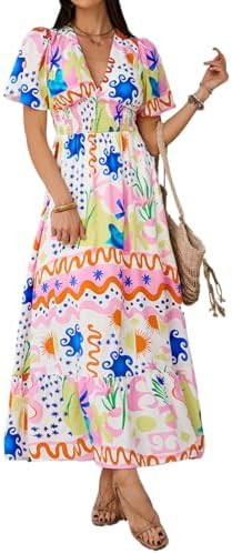 Boho Floral Maxi Dress for Women 2026 Empire Waist Short Sleeve Dresses Summer Beach Vacation Wed... | Amazon (US)