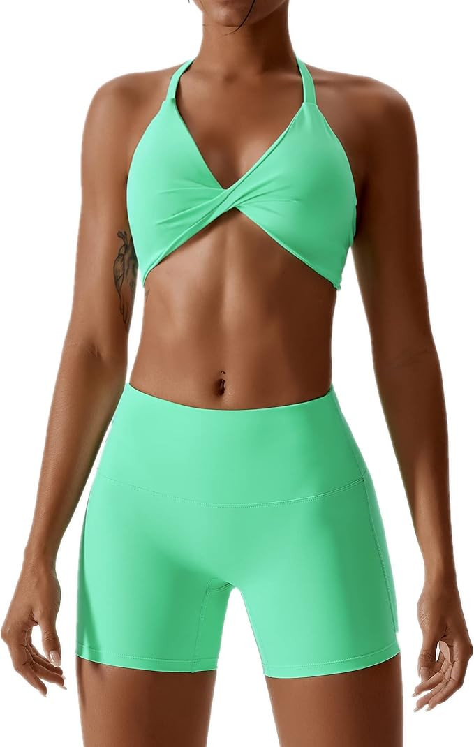 ABOCIW Workout Sets for Women 2 Piece Twist Front Halter Sports Bras High Waist Biker Shorts Exer... | Amazon (US)