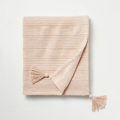 Textured Stripe Dobby Throw Blanket with Corner Tassels Blush - Hearth & Hand™ with Magnolia | Target