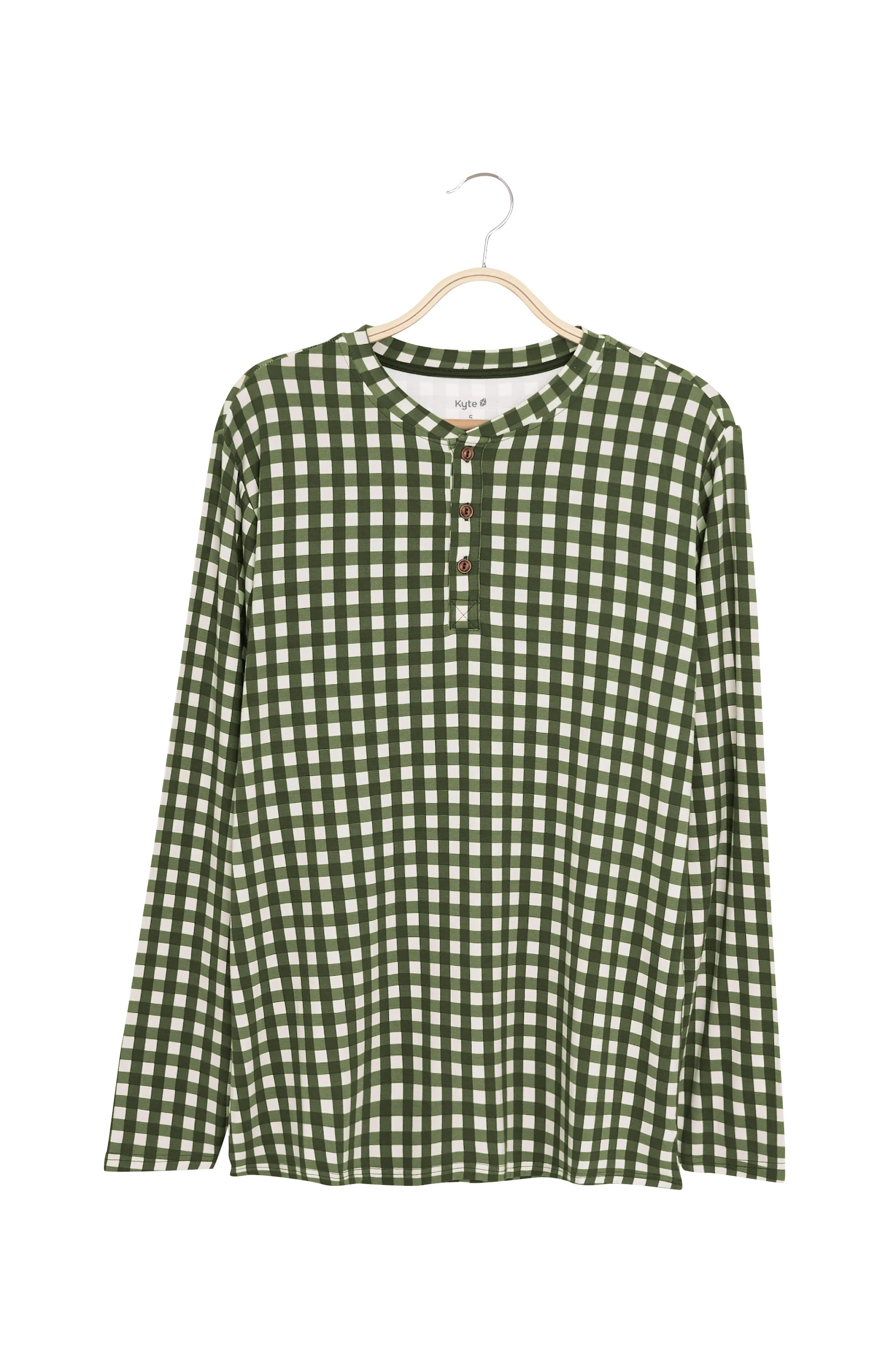 Men's Long Sleeve Henley Top in Gingham Fir | Kyte Living