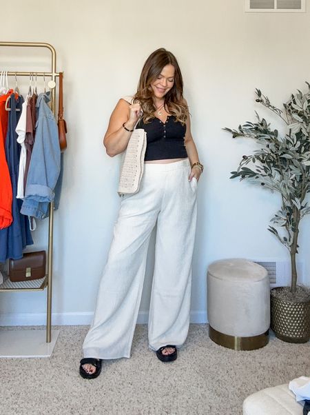 Huge Abercrombie clothing haul // I got my true size large in everything!! Bump friendly ribbed henley tanks are a closet staple paired here with these comfy pull on pants that works with the bump 👏🏻 Sandals are an Amazon find / Crochet bag is perfect for summer 

#LTKstyletip #LTKfindsunder50 #LTKbump