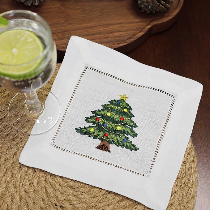 100% Linen White Cocktail Napkins Hemstitched with Embroidered Christmas Tree Set of 6 Cloth Beve... | Amazon (US)