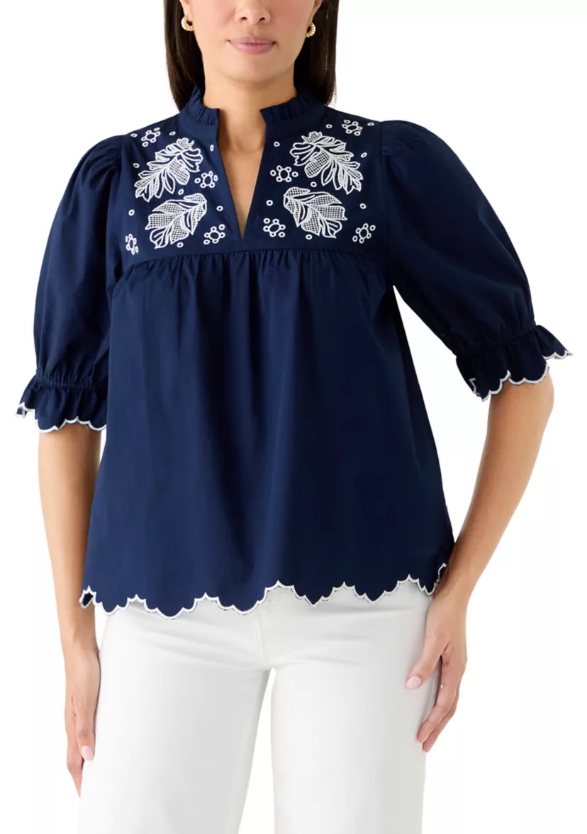 Women's Elbow Puff Sleeve Eyelet Top | Belk