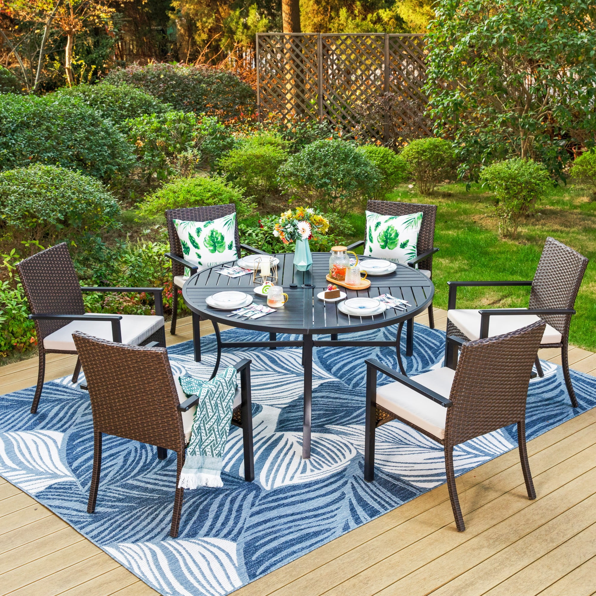 MF Studio 7-Piece Outdoor Patio Wicker Dining Set with Large Round Table & Rattan Cushion Padded ... | Walmart (US)