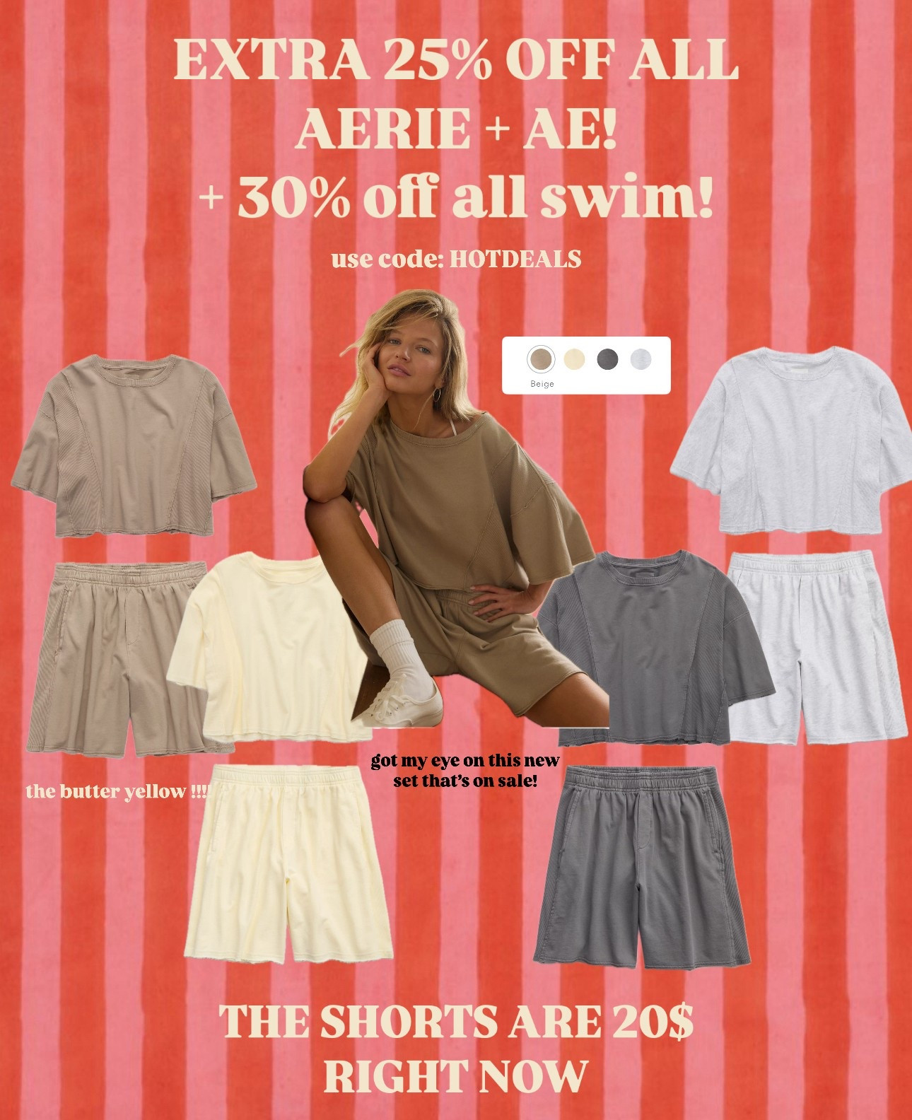 use code HOTDEALS — the shorts are on sale for $20!!! i usually wear a medium in both top and bottoms of aerie! 

#LTKFindsUnder50 #LTKSummerEdit #LTKSaleAlert