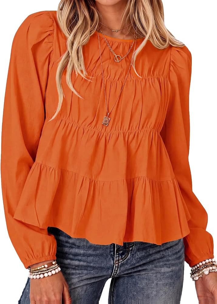Tankaneo Womens Puff Long Sleeve Babydoll Tops Peplum Pleated Flowy Blouse | Amazon (US)