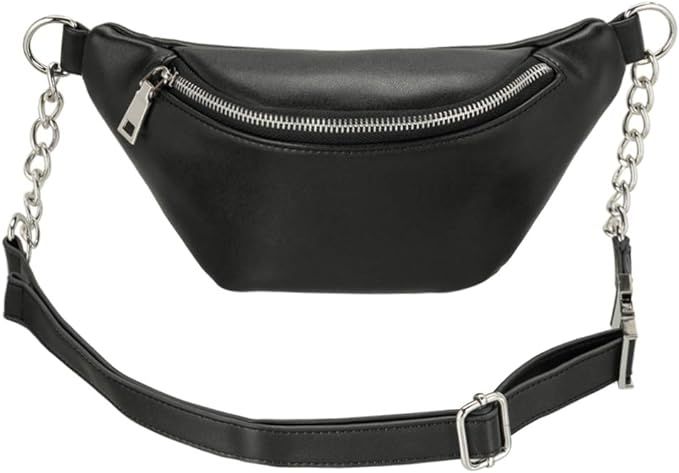 Fashion RFID Leather Waist Fanny Pack Chest Bag Phone Purse with Metalic Chain for Women Black (b... | Amazon (US)