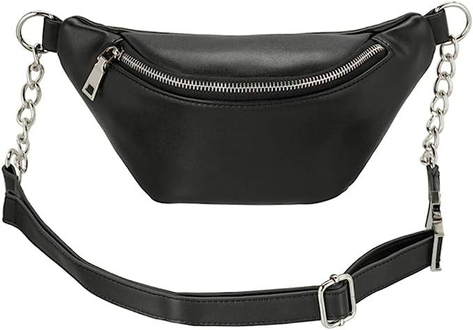 Fashion RFID Leather Waist Fanny Pack Chest Bag Phone Purse with Metalic Chain for Women Black | Amazon (US)