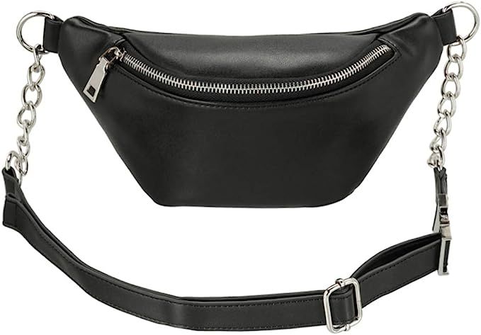 Fashion RFID Leather Waist Fanny Pack Chest Bag Phone Purse with Metalic Chain for Women Black (b... | Amazon (US)