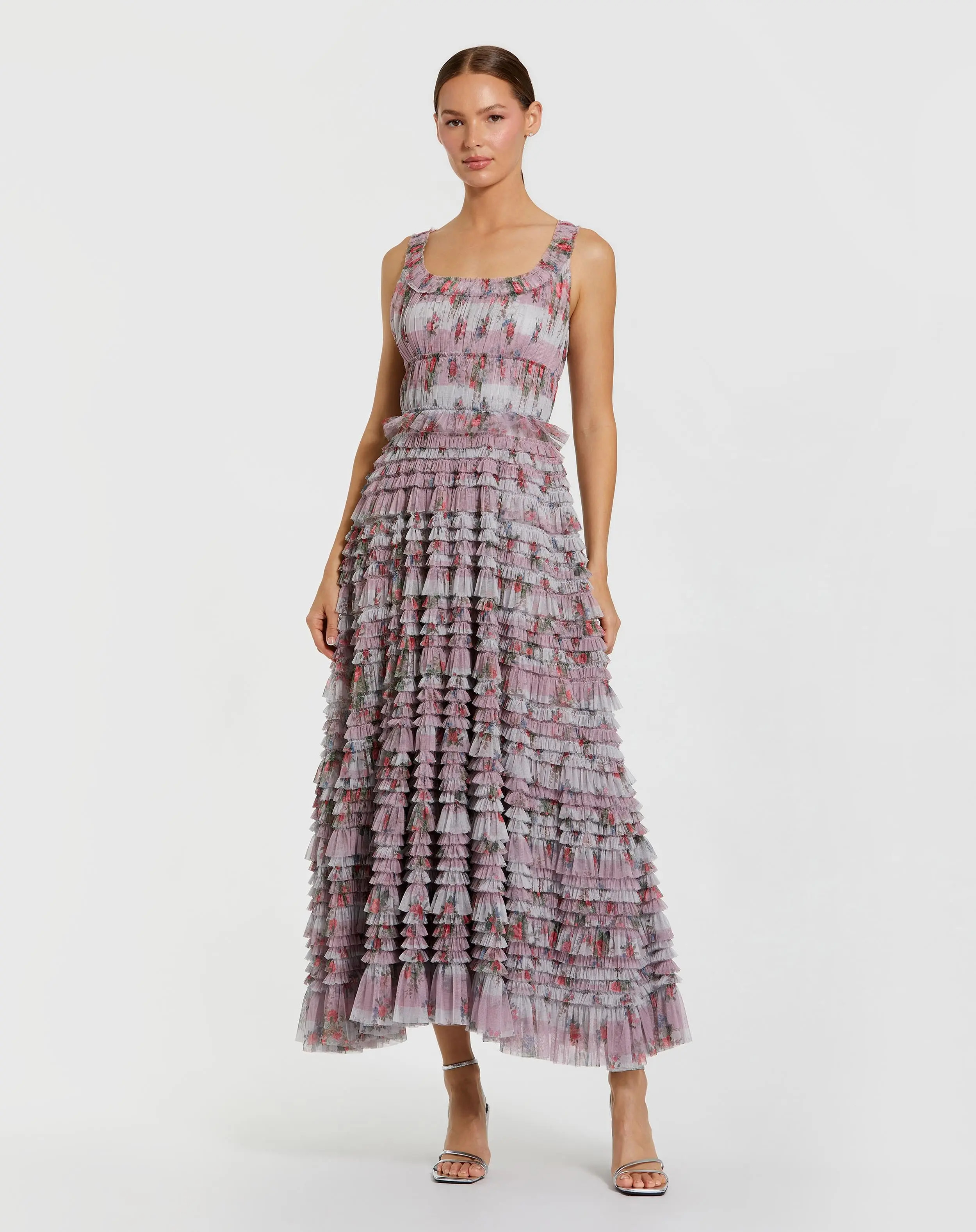 Purple Sleeveless Floral Midi Dress with Tiered Ruffles | Mac Duggal | Mac Duggal