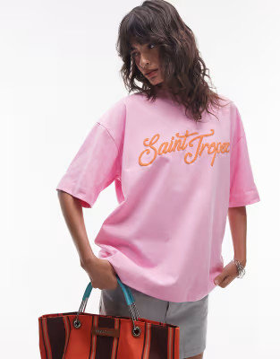 Topshop graphic Saint Tropez puff print oversized tee in pink | ASOS | ASOS (Global)