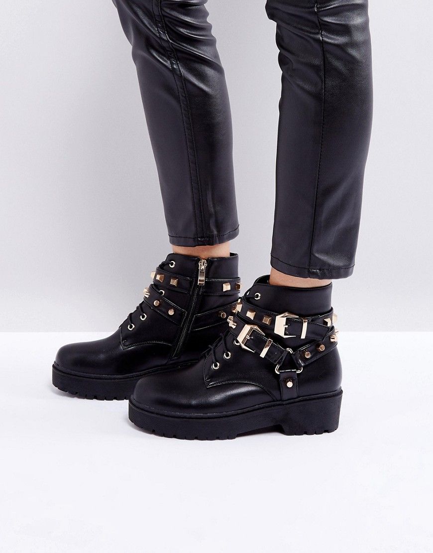 PrettyLittleThing Studded Lace Up Boots - Black | ASOS US