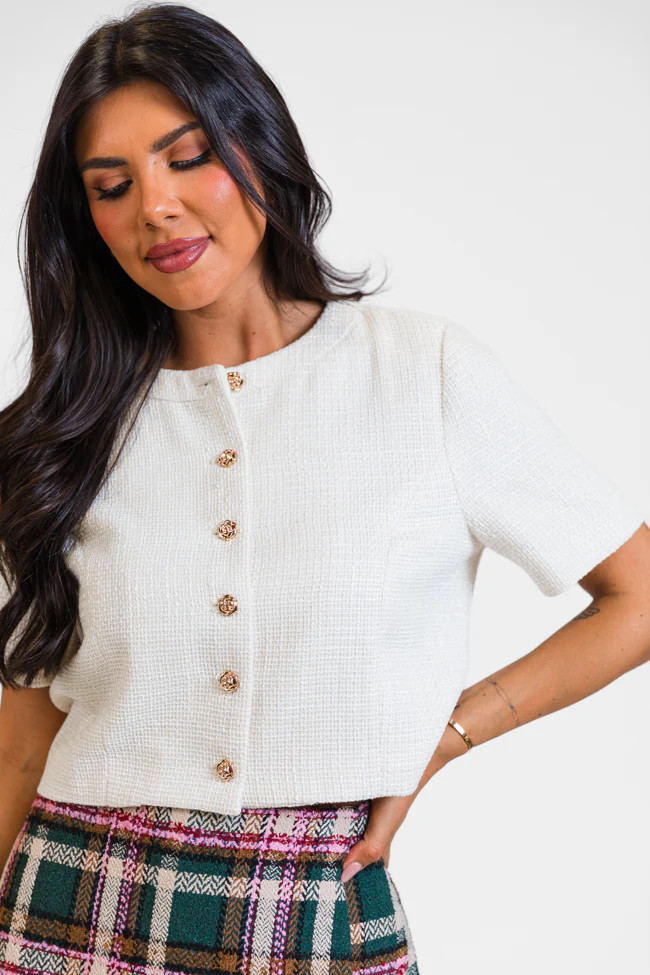 This Time Ivory Tweed Collarless Jacket Top | Pink Lily