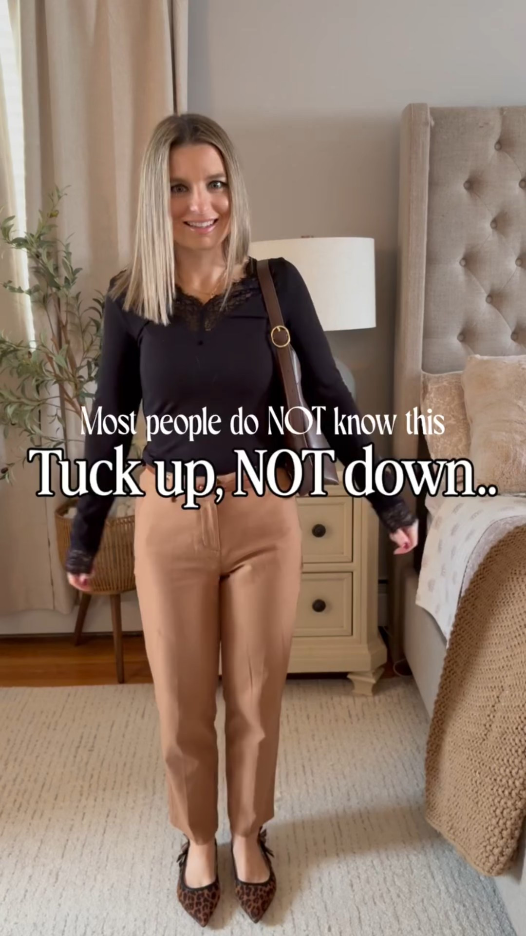 Tuck UP ⬆️! 

Comment SHOP for a 🔗! (Press and hold the screen to pause & read!) * SAVE for later! 

#petitestyle #petitetips #styletips #stylehacks #whattowear Khakipants petitepants workwear office outfit grwm ootd cashmere tops