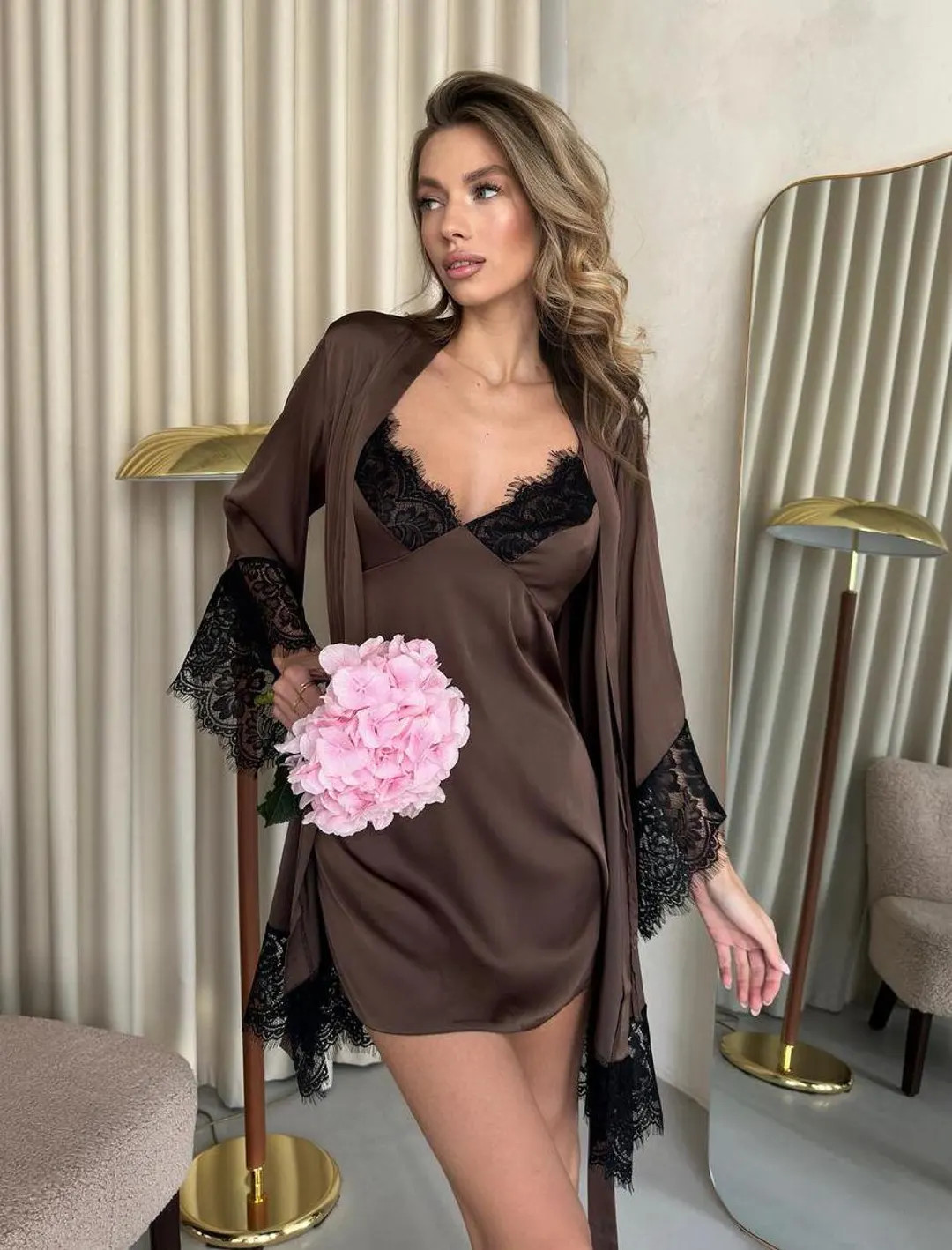 Chocolate Silk Robe for Bridesmaids - Silk Lace Bridal Party Robes - Dark Brown Nightgown and Rob... | Etsy (US)