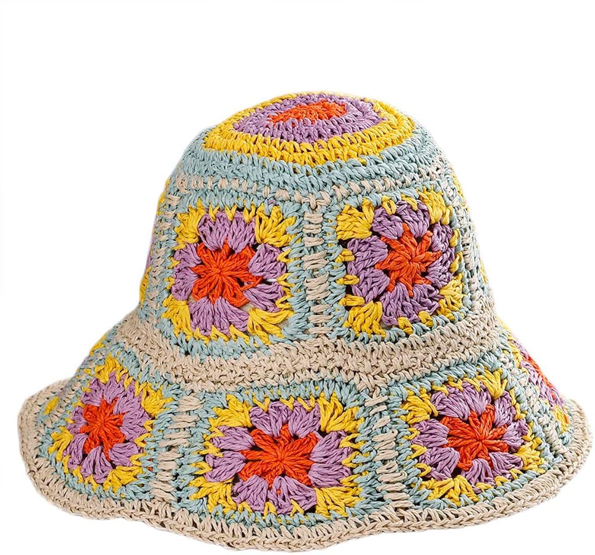 Womens Straw Sun Hat Floral Woven Bucket Hat Fishing Hat Beach Hat Hand Woven Foldable Cap | Amazon (US)