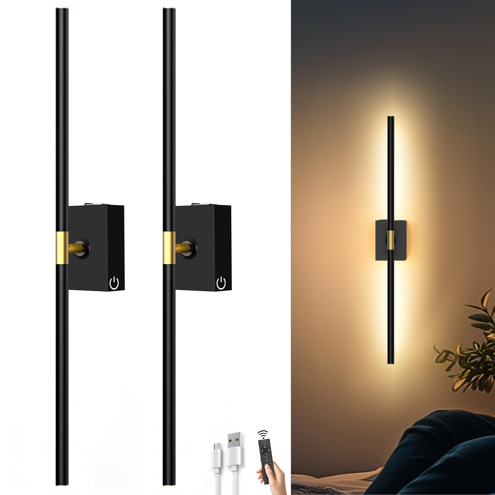 Battery Operated Wall Sconces Set of 2: 10000mAh Rechargeable Wall Lights with Remote Control, 36... | Amazon (US)