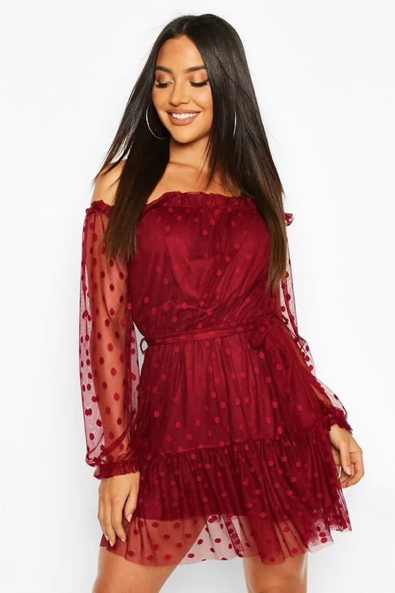 Spot Mesh Bardot Dress With Tie | Boohoo.com (UK & IE)
