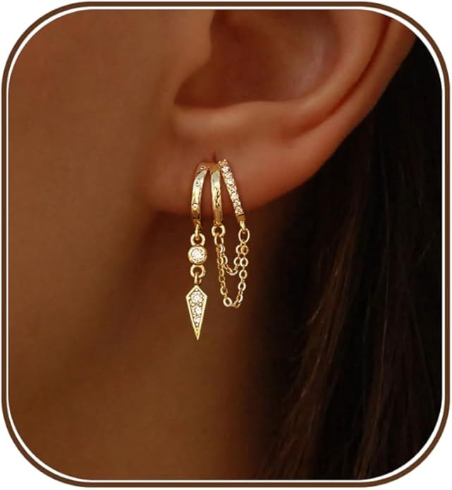 Dangle Earrings for Women,14k Gold Plated Triple Huggie Stud Earrings Cute Statement Chain Earrin... | Amazon (US)
