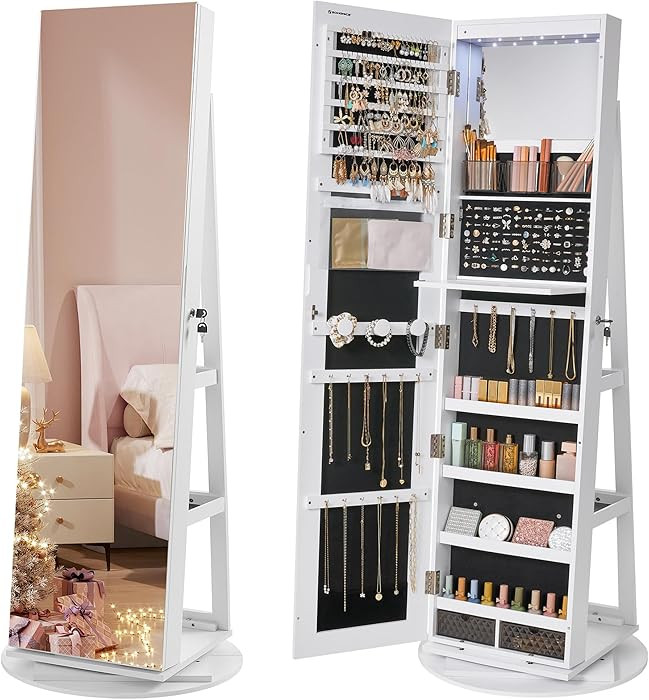 SONGMICS 6 LEDs Lockable Mirror Jewelry Cabinet, 360° Swivel Jewelry Organizer Armoire Standing,... | Amazon (US)