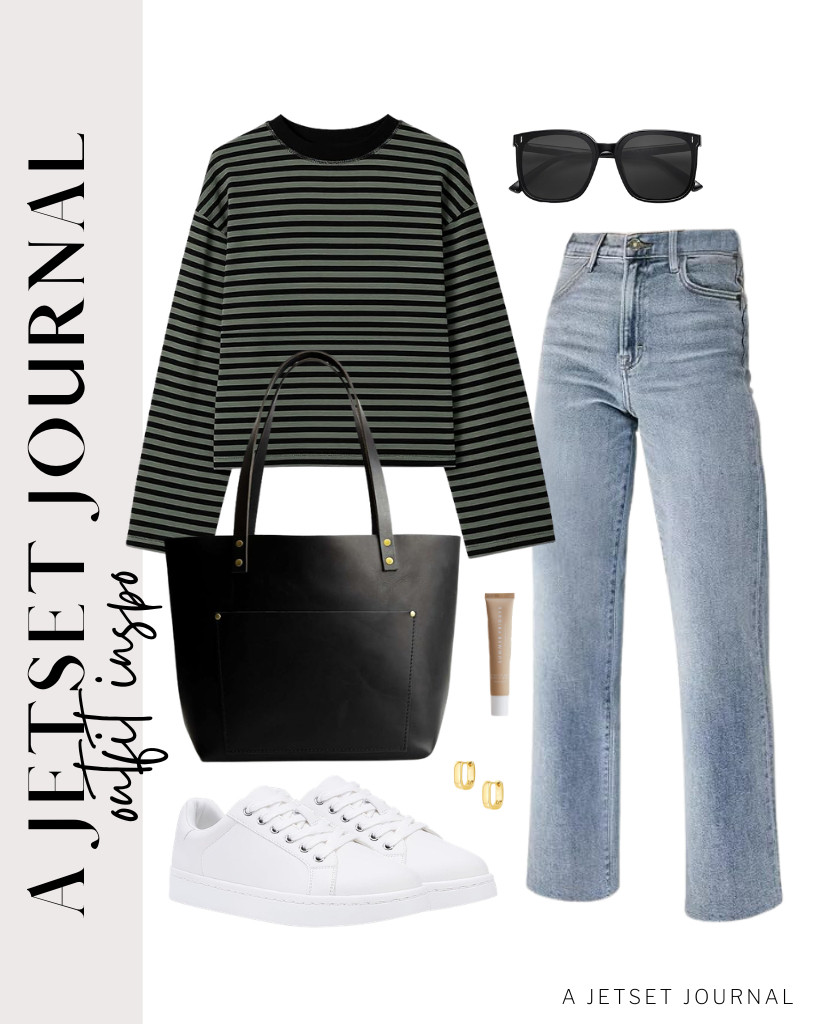 For a gray long-sleeve shirt and light-wash jeans from KDF, you can wear these Vepose lace-up walking sneakers and carry a Portland Leather Goods classic tote bag. You can also wear these trendy SOJOS sunglasses to complete the look. 

 #LTKSeasonal #LTKTravel
