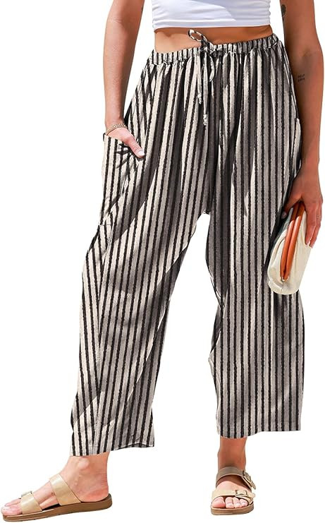 TARSE Womens Linen Wide Leg Pants Casual Loose Drawstring Summer Beach Travel Vacation Palazzo Ha... | Amazon (US)