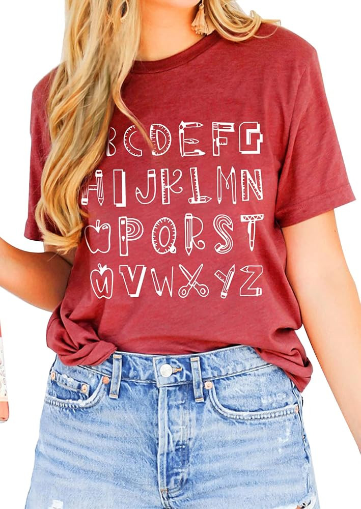 Teacher Tshirts for Women Inspirational T-Shirt Teacher Gifts Alphabet Graphic Tee Casual Teachin... | Amazon (US)