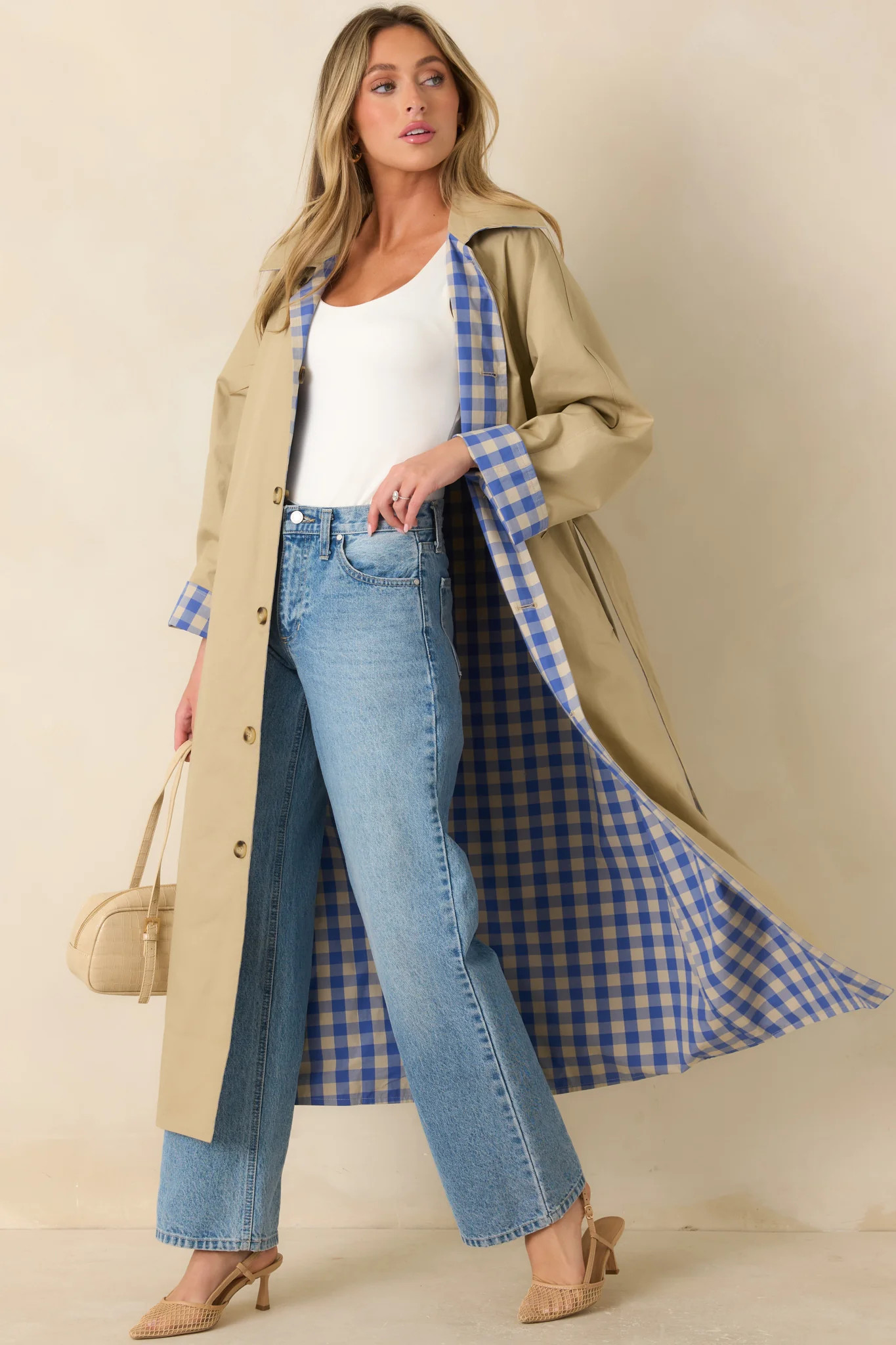 FRNCH Pocahontas Azure Blue Gingham Cotton Reversible Trench Coat | Red Dress