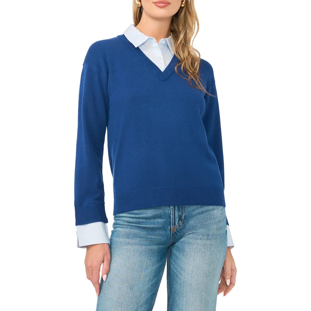 Vince Camuto Layered Look V-Neck Sweater in Navy Dusk at Nordstrom, Size Large | Nordstrom