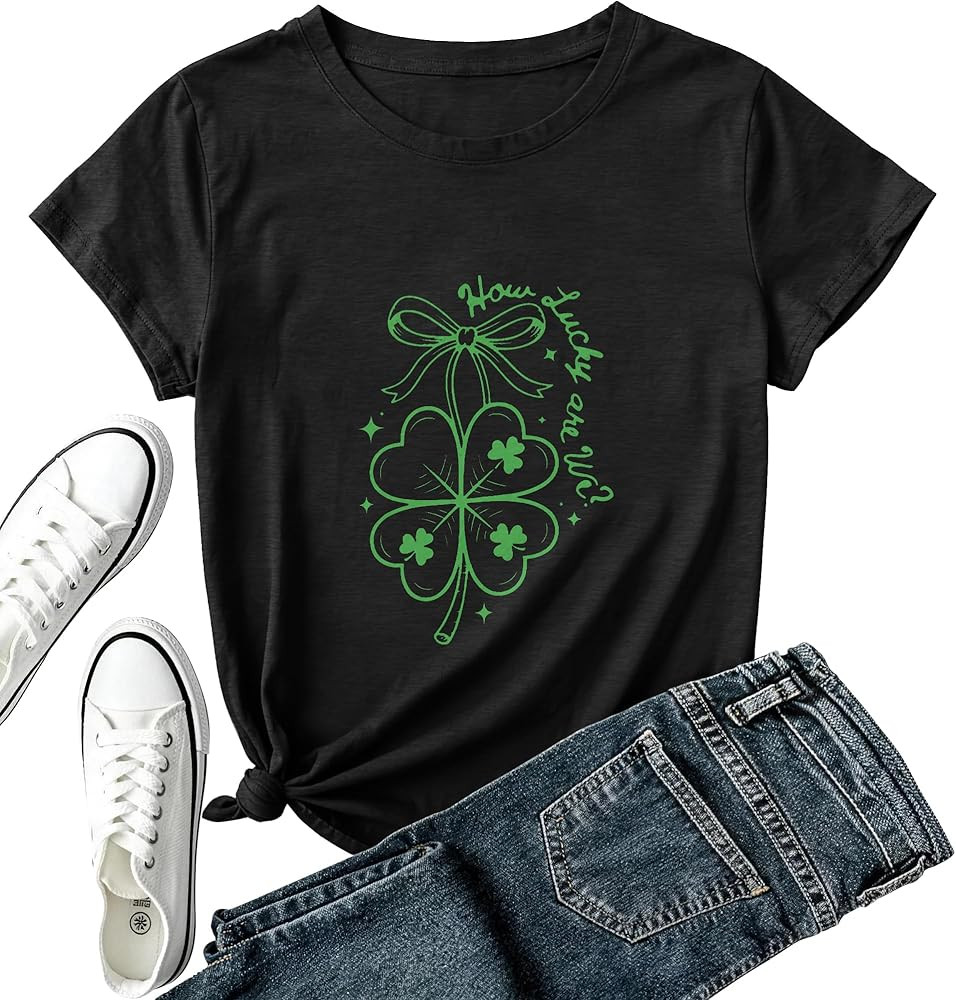 St Patricks Day Shirt Women-Shamrock Bow Tshirt Lucky You Short Sleeve Cute Clover Irish Tops | Amazon (US)