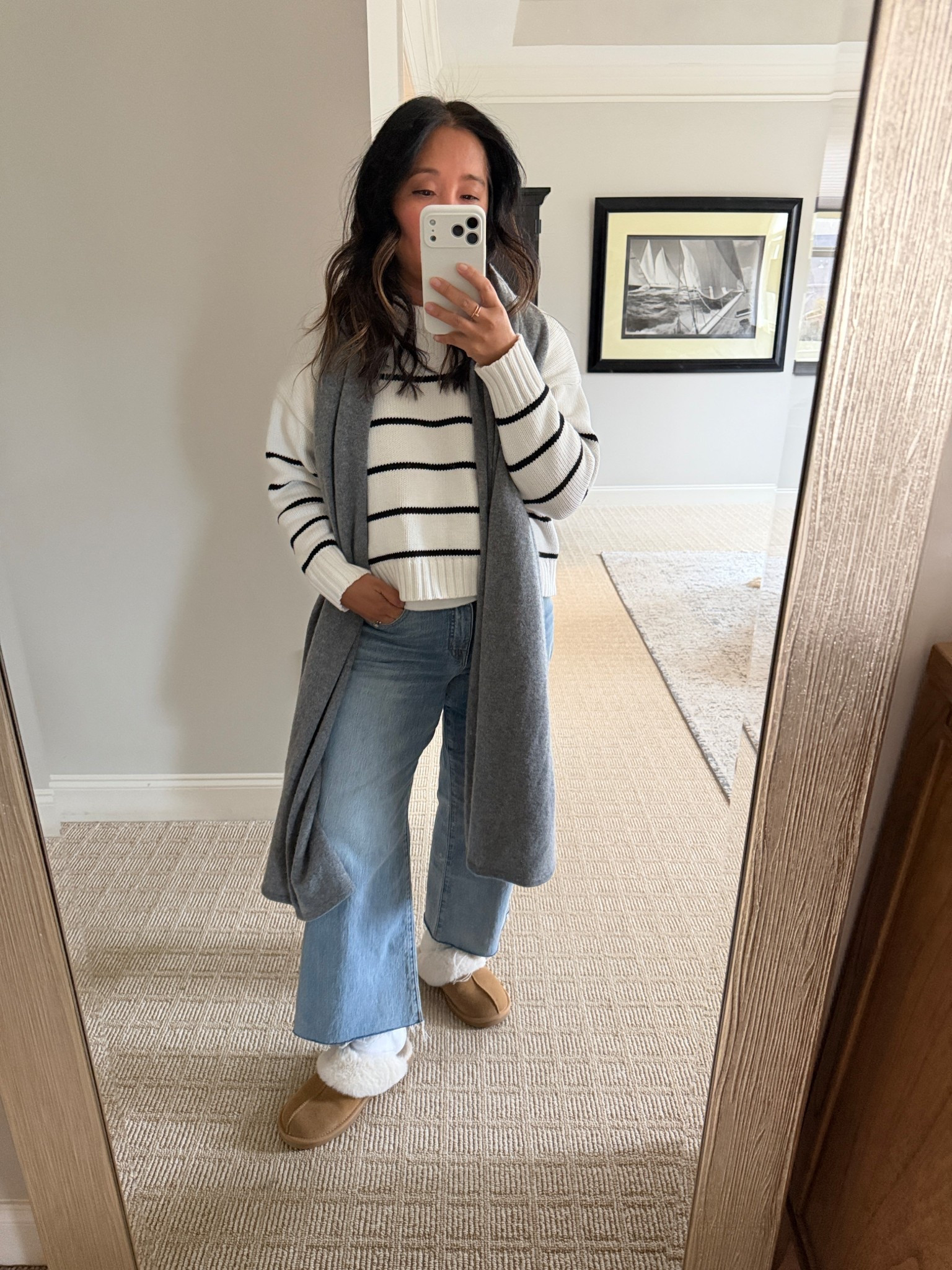 Spring fashion: 

Classic 100% organic cotton fisherman sweater -color is sold out but linked up other colors -TTS I got medium for relaxed look 

Wide leg petite denim -TTS 28P

Cashmere scarf -perfect for travel 

Suede Slippers-sized up 1/2 to 7

#LTKOver40 #LTKPetite #LTKootd