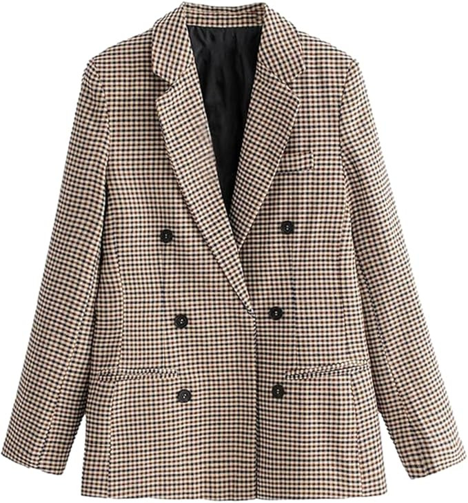 FindThy Women’s Double Breasted Plaid Blazer Jacket Causal Retro Work Office Suit Coat | Amazon (US)