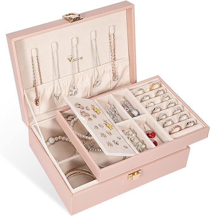 Voova Jewelry Box Organizer for Women Girls, 2 Layer Large Men Jewelry Storage Case, PU Leather D... | Amazon (US)
