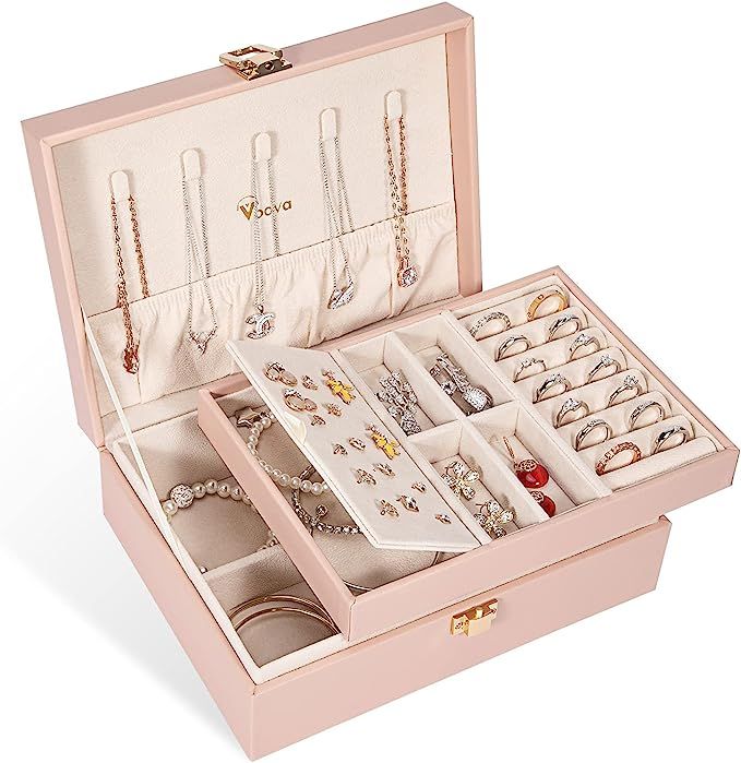 Voova Jewelry Box Organizer for Women Girls, 2 Layer Large Men Jewelry Storage Case, PU Leather D... | Amazon (US)